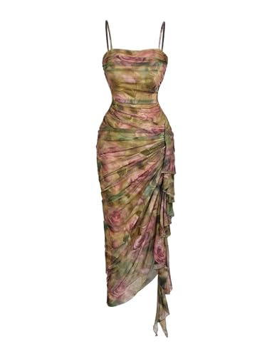 SOLY HUX Women's Floral Mesh Ruffle Hem Bodycon Midi Dress Green Multi
