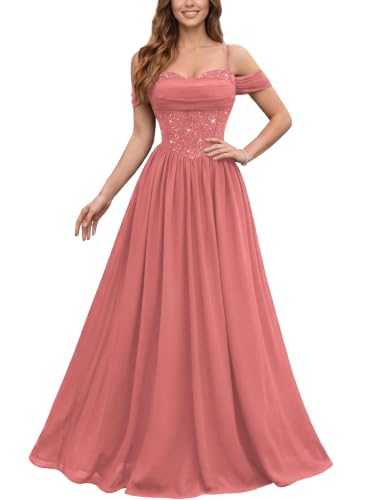 Miusol Women's Off Shoulder Spaghetti Strap Lace Sequin Bridesmaid Dress