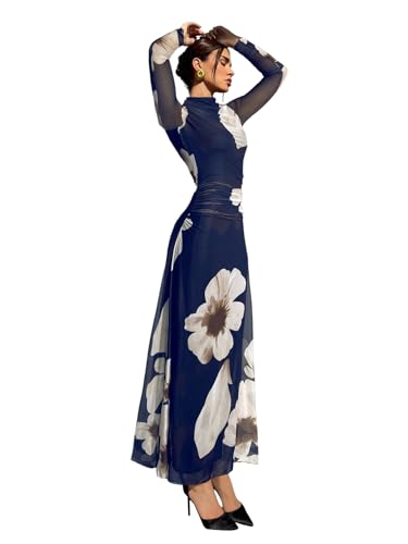 Verdusa Women's Floral Wedding Guest Dress Long Sleeve Mesh Maxi Dresses | Bodycon Dresses, Elegant Dresses for Women, Flowy Dresses, Cocktail Outfits, Fall Dresses for Women, Dark Blue, Large