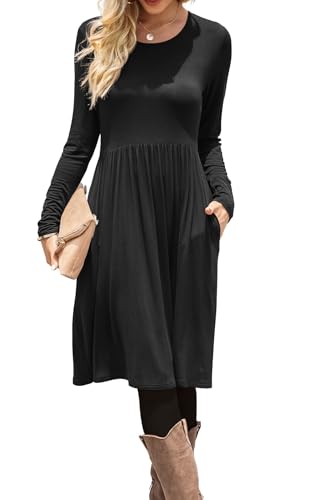 DB MOON Women Casual Long Sleeve Dresses Empire Waist Loose Dress with Pockets (Black, XL)