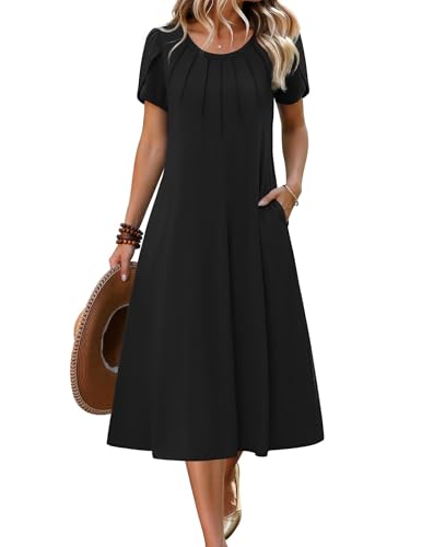 Zeagoo Womens Black Dress for Summer Flowy Dresses for Women Pleated Dress Short Sleeve Midi Sundress Casual Swing Dresses, A-Black XL