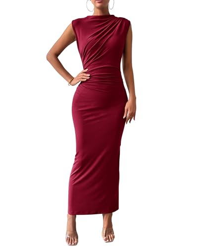 BTFBM Women Ruched Bodycon Maxi Dresses Summer Casual,Wine Red,S
