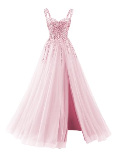 MagicST Sequin A Line Prom Dress Long Tulle Ball Gowns for Women,Pink,6 | Glitter Tulle,Sweetheart Neckline,Beaded,Removable Straps,Side Slit,Lace Up Back,Off the Shoudler,Strapless,Homecoming Proms