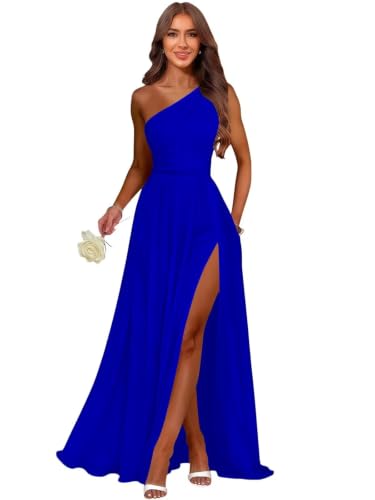 EBCion Chiffon Royal Blue One Shoulder Bridesmaid Dress with Slit 8