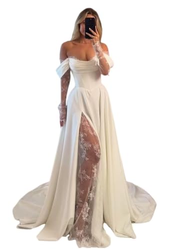 Boho Lace Chiffon Wedding Dresses for Bride Off Shoulder Long Sleeve A Line Wedding Gowns Ivory Corset Bride Dresses Us16 Plus Size