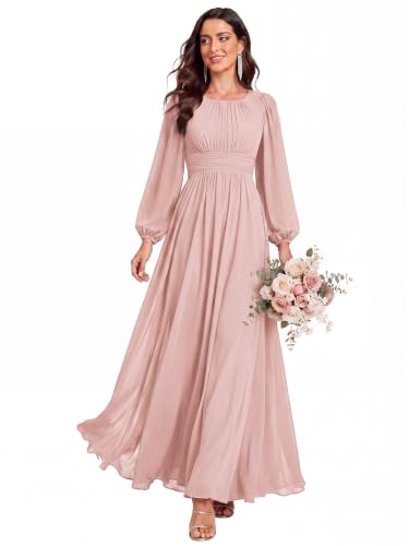 Ever-Pretty Women's Chiffon Long Sleeve Formal Wedding Guest Dresses Pink | Crewneck, A-Line, Bridesmaid Dress, Evening Gown, Formal Wedding Guest Dress, Pink US08