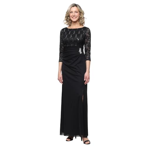 S.L. Fashions Women's Long Mother of The Bride Dress with Stretch Lace Bodice & Hip Embellishment (Petite and Regular Sizes) Black