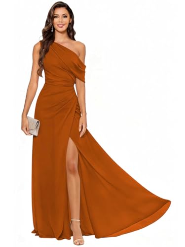 Djkvmd One Shoulder Bridesmaid Dresses with Slit Chiffon Burnt Orange Long Evening Maxi Dress Size10