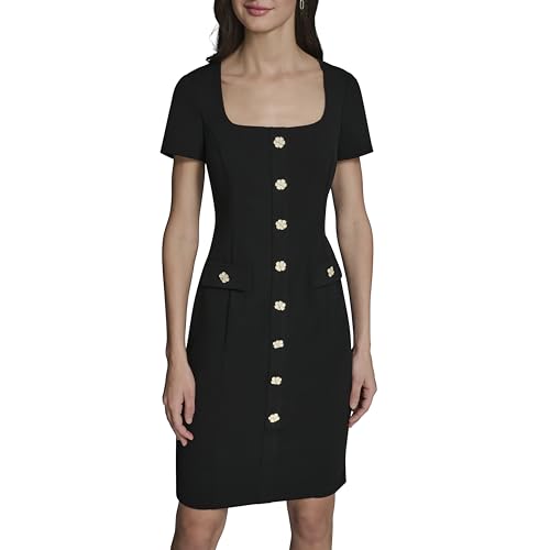 KARL LAGERFELD Paris Women's Short Sleeve Square Neck Scuba Crepe Flower Buttons Faux Pockets Dress, Black, 6