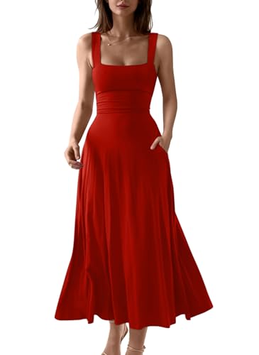 OYS Women's Casual Sleeveless Square Neck A-Line Flowy Long Dress Red | Side Pockets,Corset,Slim,Solid Color,Stetchy,Elegant,Back Tie,Tank,Party,Club,Dailywear,Goinng out,Wedding Guest,Comfy,Maxi