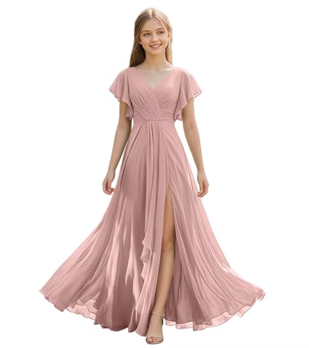 FLwuhui Pleat Junior Bridesmaid Dress Chiffon Flower Girl Dresses foe Wedding Dusty Rose Girls Bridesmaid Dresses US4