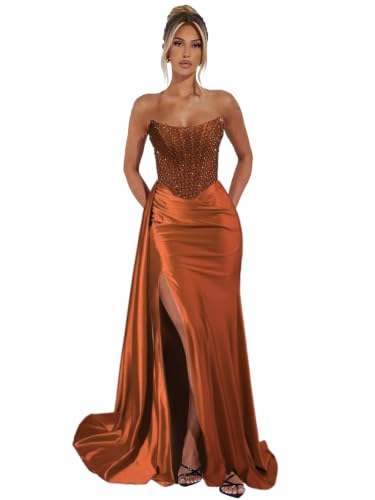 Blentorvista Strapless Rhinestone Beaded Satin Mermaid Prom Dress