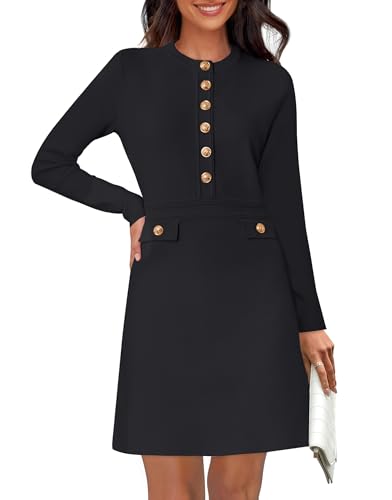 NENONA Women's 2025 Fall Sweater Dress Winter Long Sleeve Fashion Button Elegant Business Work Formal Wedding Guest Cocktail Dresses,Black,S