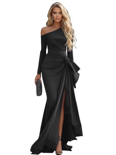 RYANTH Black One Shoulder Prom Dresses for Women Satin Long Sleeve Cocktail Gown Mermaid Formal Evening Party Gown Size 10