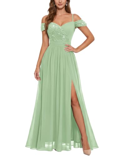 Miusol Women's Off Shoulder Elegant Sequined Split Spaghetti Straps Wedding Maxi Dress (Large, Mint Green)