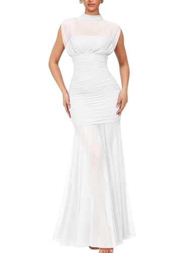 LAGSHIAN Women's Sleeveless Mesh High Neck Ruched Cocktail Maxi Dress White