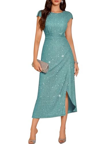 DRESSTELLS Formal Wedding Guest Dresses for Women, Sequin Cocktail Tea Party Sparkly Bridesmaid Evening Prom Fit Flare Gala Dress Glitter LightBlue XL