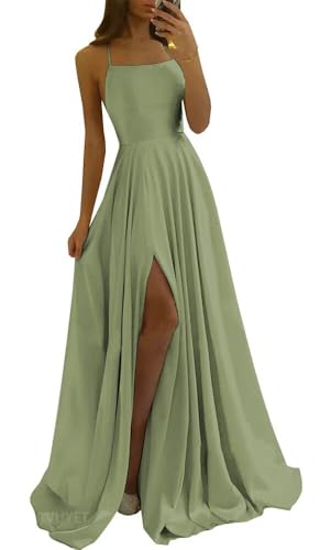 Tvuyet Women's Elegant Sage Green Prom Dress with Slit Long Ball Gown Backless Satin Bridesmaid Dresses with Pockets Sage Green 0