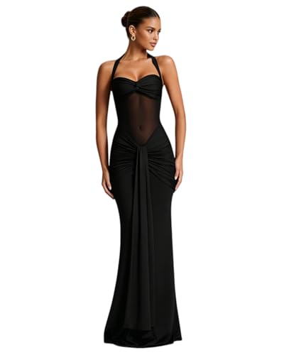 JUMISEE Women’s Sexy Halter Twist Knot Maxi Dress Draped Ribbon Ruched Cocktail Dress Sheer Mesh Bodycon Formal Dresses Black