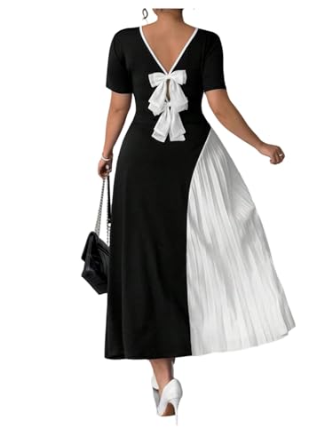GORGLITTER Women's Plus Size Bow Pleated Maxi Dress Color Block Short Sleeve Summer Prom Formal Cocktail Long Dresses Black and White X-Large Plus