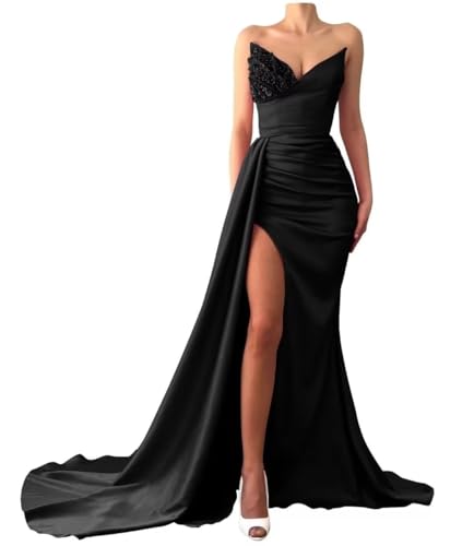 Strapless Prom Dresses 2025 Mermaid Sequin Beaded Satin Evening Gowns Long Slit Bridesmaid Dresses for Women Black