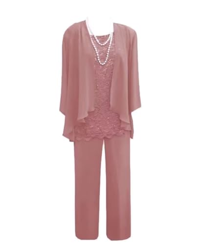 3 Pieces Mother of The Bride Dress Pant Suits with Jacket for Wedding Long Sleeve Lace Formal Outfits for Women PG028 Dusty Rose