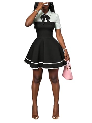 WDIRARA Women's Pearl Tie Ruffle Layered Flowy Preppy Dresses Black | Short Sleeve,Collared Button Up,A Line, Summer, Casual Elegant Waitress Mini Shirt, Black, Large