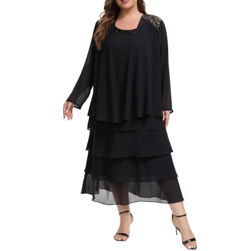 Plus Size Chiffon Mother of the Bride Layered Dress with Jacket 2 Piece Set Sequin Embroidery Wedding Guest Formal Gown Black