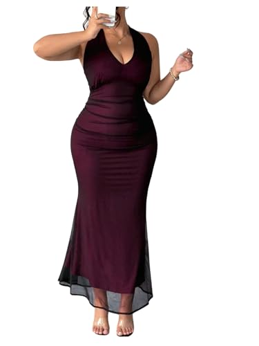 BEAUDRM Women's Y2k Plus Size Ruffle Halter Maxi Dress Mesh V Neck Cocktail Bodycon Party Wedding Guest Prom Long Dresses Purple XX-Large Plus