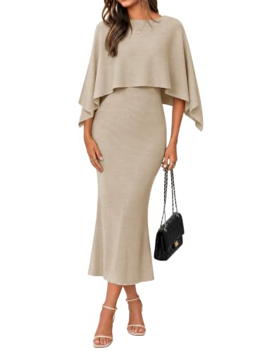 ZESICA Women's Fall Two Piece Outfits Shawl Poncho Sweater Bodycon Dresses