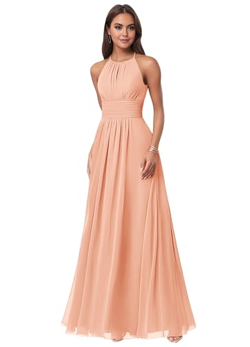 Women's Chiffon Halter Peach Bridesmaid Dresses Long for Wedding 2025 A Line Formal Gowns US0