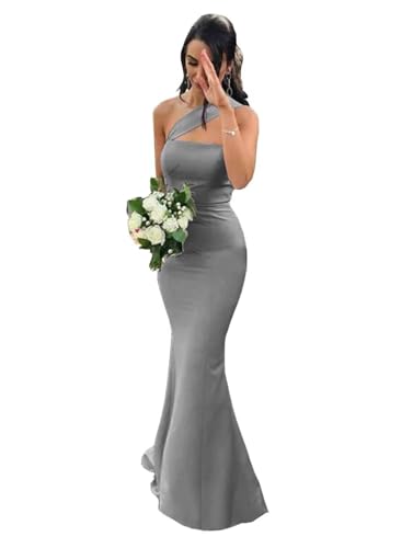 Satin Mermaid Bridesmaid Dresses One Shoulder Prom Cocktail Dress Wrap Wedding Guest Dress for Women Formal Gowns Grey 6 DR0194