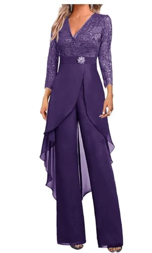 JUDHGGX Mother of The Bride Pants Suit Set 2 PC Chiffon & Lace Wedding Guest Outfit with Rhinestone 3/4 Sleeves Purple US14