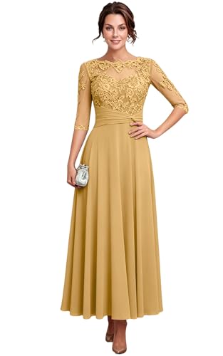 Gold Mother of The Bride Dresses for Wedding 2026 Chiffon Fancy Scoop Neck Lace Applique Mother of The Groom Dresses A Line Mature Prom Dress Boho Half Sleeve Evening Party Gown Long 12