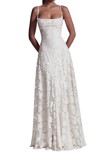 MIQILADUNA Women's Backless Floral Jacquard Maxi Dress Bridal Shower White 14