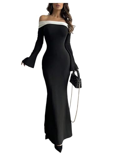 SweatyRocks Women's Cocktail Dresses Off The Shoulder Long Sleeve Bodycon Formal Long Maxi Dress Party Night Out Black and White Medium