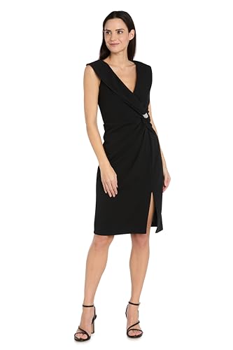 R&M Richards Women's Elegant Portrait Collar Wrap Dress W/Slit | Ruched Waist, Rhinestone Accent Knee Length Formal Wear Black