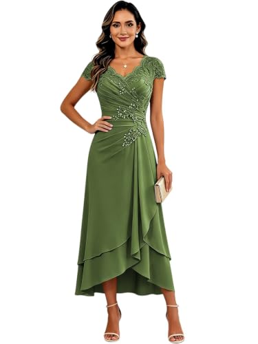 Olive Green Summer Mother of Groom Dress Tea Length for Women Chiffon US6