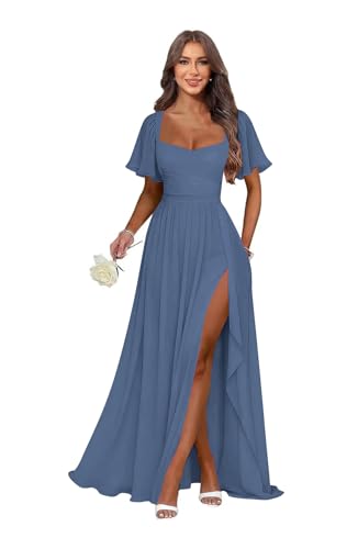 Long Bridesmaid Dress for Women Chiffon Formal Gown Square Neck Flutter Sleeve High Split A-Line Maxi Dress Steel Blue US18