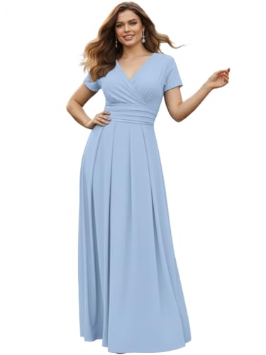 KOH KOH Long Pleated Short Cap Sleeve V-Neck Flowy Wedding Guest Bridesmaid Dressy Elegant Evening Empire Waist Spring Summer Modest Maxi Dress Gown, Sky Light Blue L 12-14