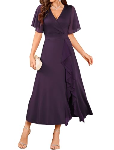 ZAFUL Semi Formal Wedding Guest Dress Mother of Bride Dresses Evening Gowns | Dark Purple Tea Length Midi Dress Flowy A-line V Neck Bell Sleeve Ruffle Slit Stretchy Fall Dress for Cocktail Party 2026 L