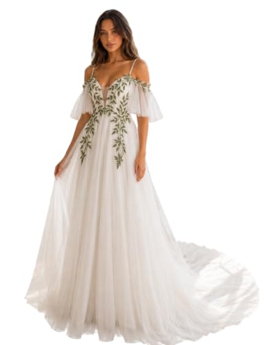 EDECPBM Boho Forest Wedding Dress for Women A Line Bridal Gown | Off Shoulder Tulle Gown with Lace Up Back Botanical Embroidery and Train for Garden Outdoor Wedding Photoshoot White US04