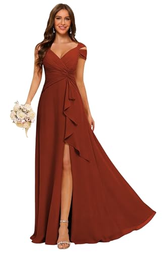 CuteMe A Line Rust Bridesmaid Dresses Long for Women Elegant Off Shoulder Ruched V Neck Formal Dress with Slit16