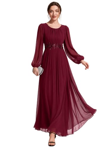 Ever-Pretty Women's Fall Maxi Long Sleeves Formal Mother of the Bride Dress | Round Neck, Chiffon, Appliques Empire Waist, Evening Dresses, Wedding Guest Dress, Burgundy US12