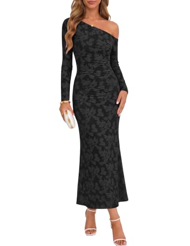 ZESICA Women's Fall Floral Off Shoulder Wedding Guest Dresses Black M