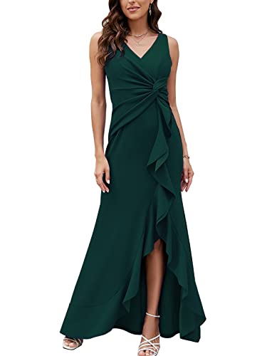FQA Long Wedding Guest Dresses for Women Formal Gowns and Evening Dresses Dark Green V Neck Sleeveless Split Wrap Elegant Dresses for Women Evening Party