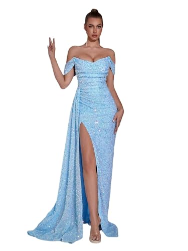 PHIRIZLE Women's Sequin Off Shoulder Evening Gown - High Slit Mermaid Formal Dress with Ruched Bodice for Prom & Gala Baby Blue