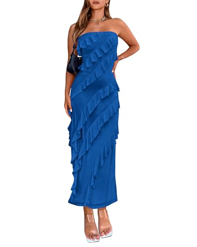 BTFBM Maxi Dresses for Women Solid Bodycon Summer Wedding Guest Dress Blue
