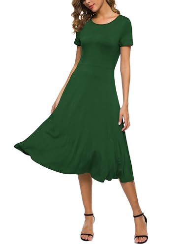 EXCHIC Women's Short Sleeve O-Neck Waisted Slim Solid Color Long Dress (L, Dark Green)