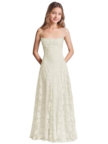 Qgeno Floral Girl Dresses Size 6 Light Champagne Lace Junior Bridesmaid Dresses Cowl Neck Flower Girl Teen Wedding Party Gowns